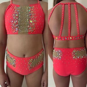 Glamour solo dance costume coral orange neon 2 piece embellished bling XLC child